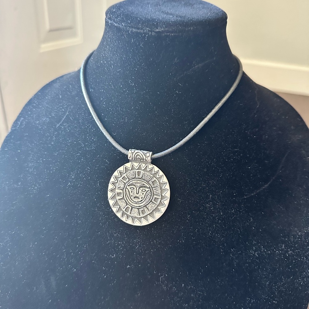 Vintage Alice Seely Handcrafted Pewter Tribal Sun Face Pendant Necklace